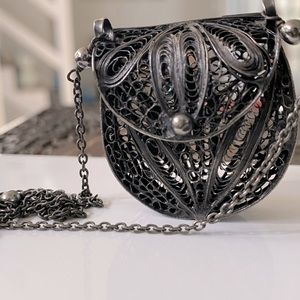 Antique Victorian Silver Filigree Coin Purse Pendant Necklace